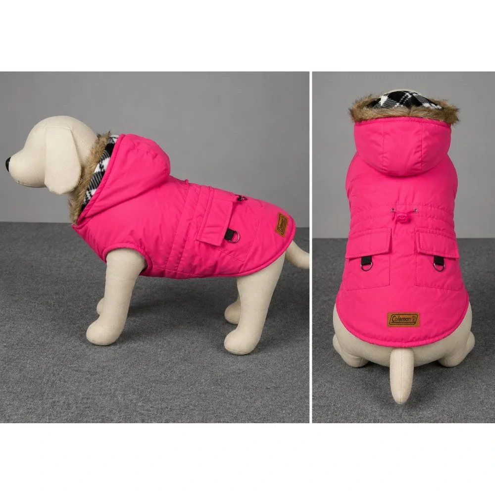 Coleman Drawcord Jacket Dog L Pink Fleece Lined Faux Fur Hood Plaid Trim Coat